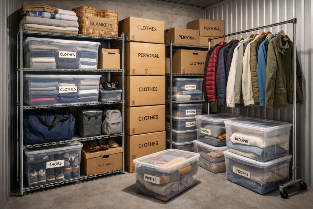 Storage unit with organized clothing, shoes, blankets, bedding, and sealed boxes, showing items are legal to store in a storage unit.