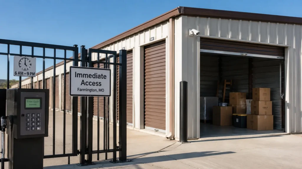 Same day storage unit rental in Farmington, MO with gated access, keypad entry, open drive-up unit, moving boxes, and security camera.