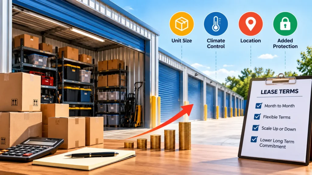 Warehouse Storage Solution for Business showing storage costs, lease terms, unit size, climate control, location, and protection.